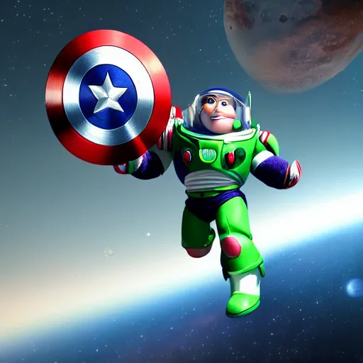 Image similar to a photorealistic photograph of a knitted Buzz Lightyear themed Captain America flying through outer space, Mars in distance, featuring shield - Trending on Artstation, featured on Behance, well-rendered, Unreal Engine, 4K HD