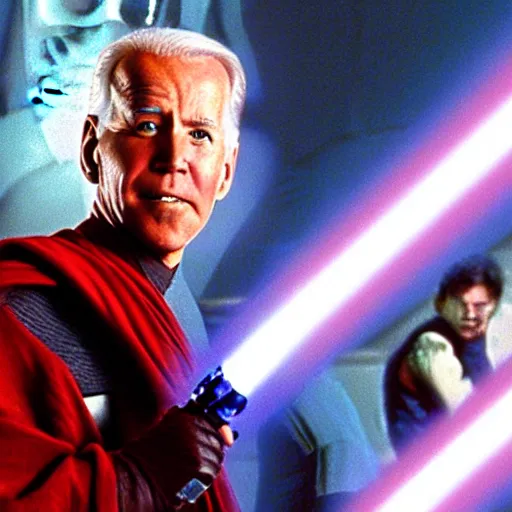 Image similar to a still from star wars : the phantom menace, showing joe biden!!! as a jedi, having a lightsaber duel with spider - man