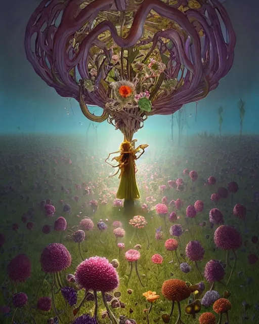 Prompt: the platonic ideal of flowers, sprouting, insects and praying of cletus kasady carnage davinci dementor chtulu mandelbulb ponyo alice in wonderland dinotopia watership down, d & d, fantasy, ego death, mdma, dmt, psilocybin, concept art by greg rutkowski and simon stalenhag and alphonse mucha