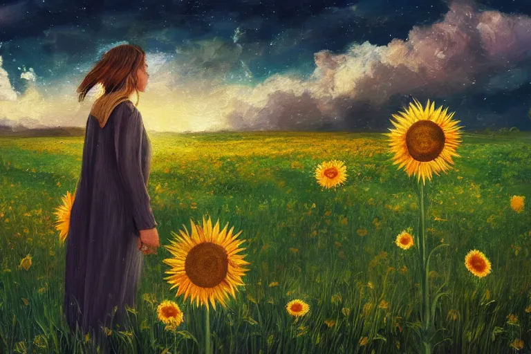 Image similar to giant sunflower as a head, girl walking in daisy field, hills, surreal photography, dark night, star trails, dramatic light, impressionist painting, clouds, digital painting, artstation, simon stalenhag