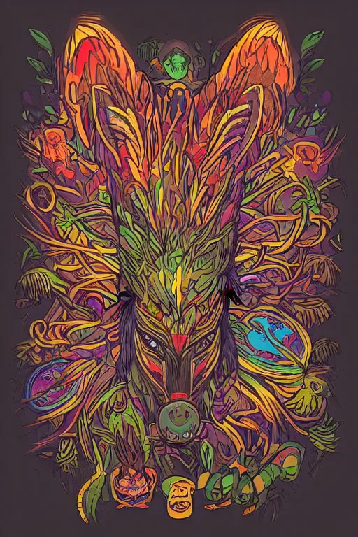 Image similar to animal mask totem roots tribal feather gemstone plant wood rock shaman vodoo video game vector illustration vivid multicolor borderlands comics by josan gonzales and dan mumford radiating a glowing aura