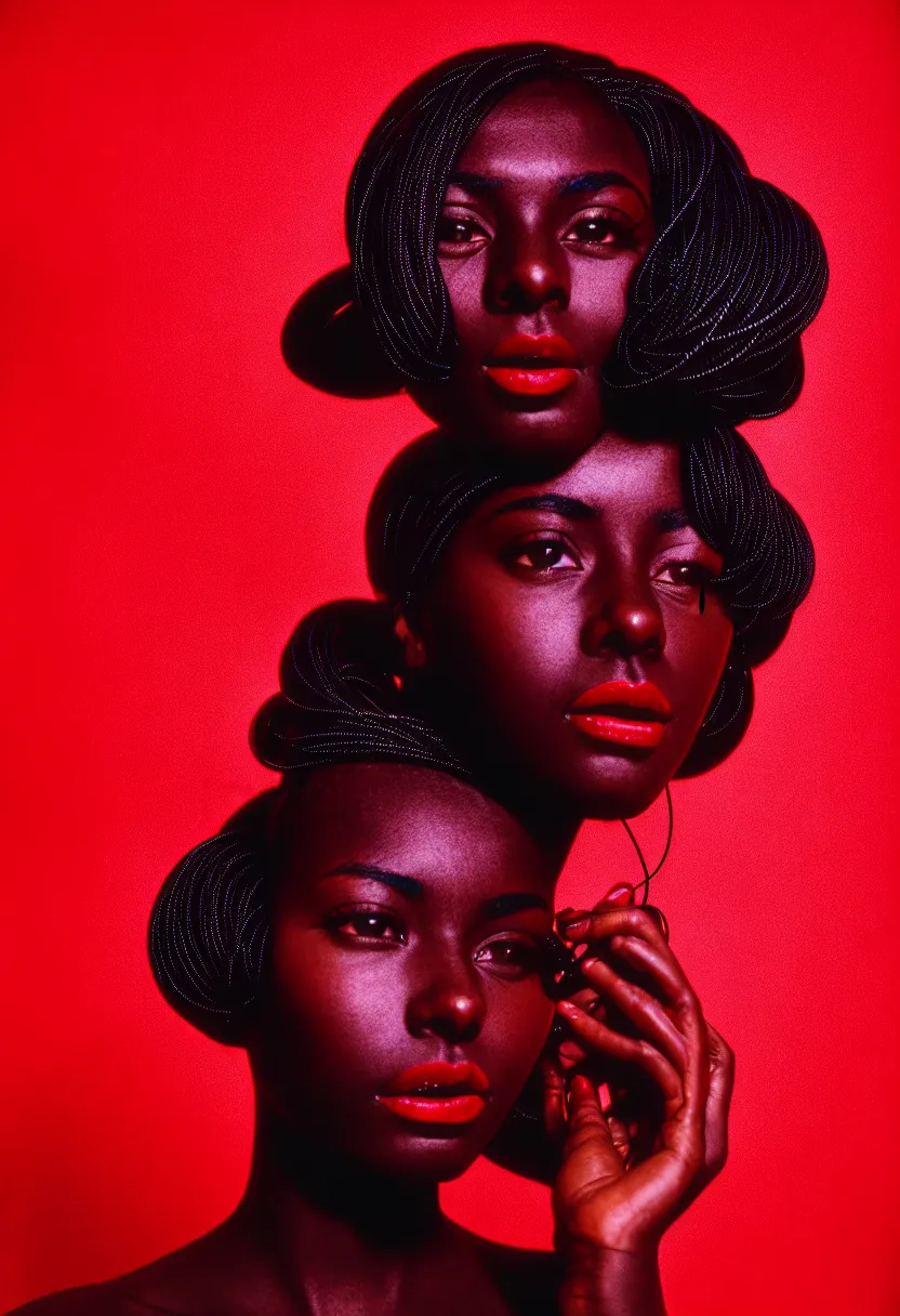 Prompt: medium shot, photograph of alluring dark skin young woman looking into camera, red lipstick, hundreds of cables and wires extruding from her head, sharp focus,, chromatic abberations, as fashion editorial 90s, kodak ektachrome