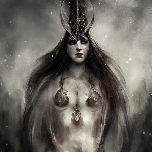 Prompt: stunning otherworldly viking queen of beauty, dark and mysterious, atmospheric, ominous, eerie, cinematic, Epic, 8k, 4k, ultra detail, ultra realistic, rendered by awesomeness by charlie bowater