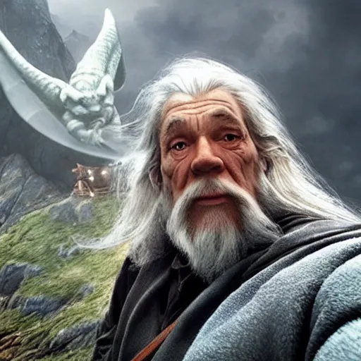 Image similar to Selfie taken by an overconfident Gandalf the Grey on the Bridge of Khazad Dum, a balrog looming in the background,