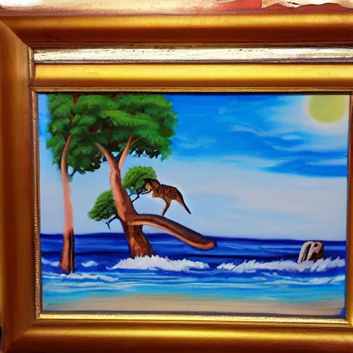 Prompt: a bob ross painting of a coyote chilling at a beach