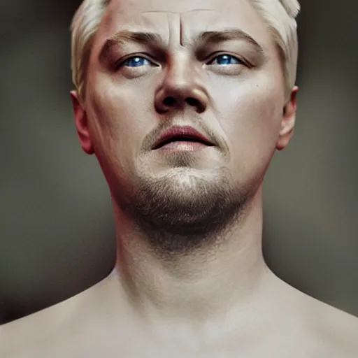 Image similar to realistic expired fuji film portrait of white albino leonardo dicaprio, hyperrealism, photorealistic, detailed, atmospheric, 8 k, award winning photography, cinematic