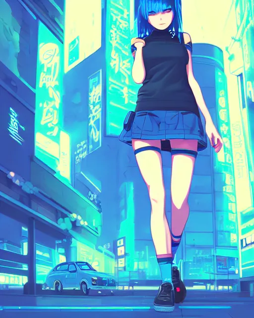 Image similar to digital illustration of cyberpunk pretty girl with blue hair, beautiful blue eyes, wearing a short mini skirt and tank top, in city street at night, by makoto shinkai, ilya kuvshinov, lois van baarle, rossdraws, basquiat