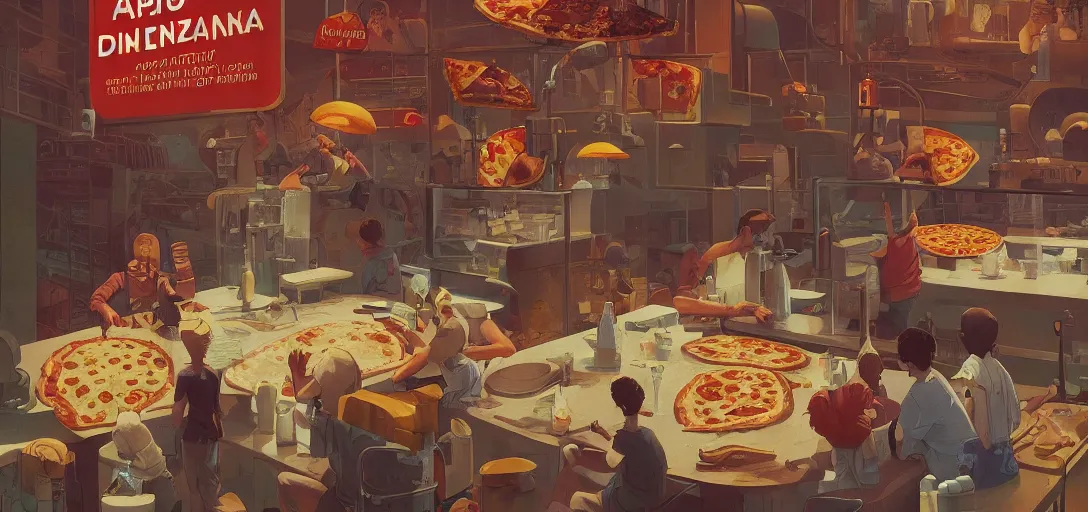 Prompt: the invention of pizza poster by Michael Whelan and Tomer Hanuka, factory, workers, happy, full of details, by Makoto Shinkai and thomas kinkade, Matte painting, trending on artstation and unreal engine