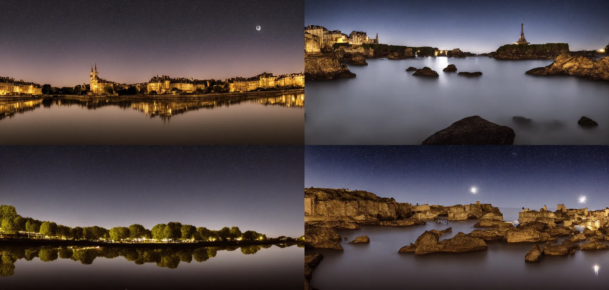 Prompt: France at night stars and moon in sky water reflection-long exposure