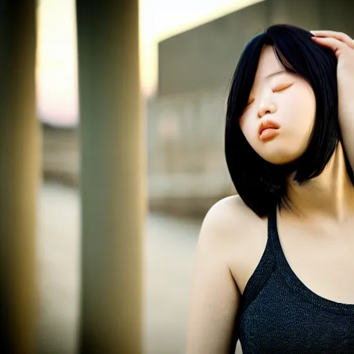 Image similar to beautiful gorgeous curvy Japanese edgy model girl with short hair, she's sad, sunset, 80mm lens, 1.2 aperture, grainy image, close up