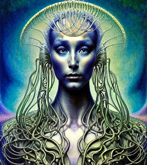 Prompt: detailed realistic beautiful young cher alien robot as queen of andromeda galaxy portrait by jean delville, gustave dore and marco mazzoni, art nouveau, symbolist, visionary, baroque giant fractal details. horizontal symmetry by zdzisław beksinski, iris van herpen, raymond swanland and alphonse mucha. highly detailed, hyper - real, beautiful