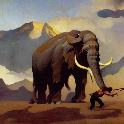 Image similar to a mammoth threatening a girl, detailed oil painting by Frank Frazetta