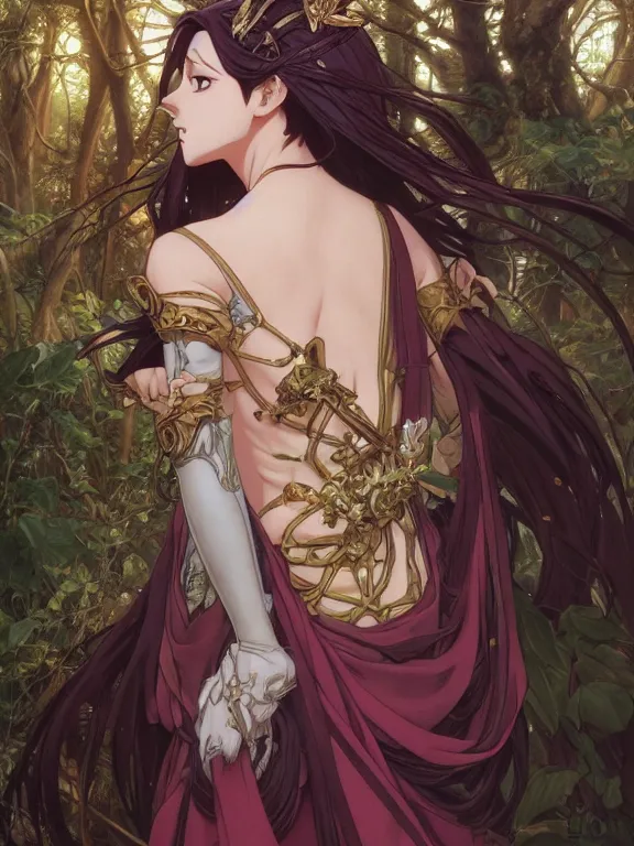 Image similar to anime key visual of amora the enchantress with her back to the camera wearing a medieval gown!! intricate, magical forest, stunning, highly detailed, digital painting, artstation, smooth, hard focus, illustration, art by artgerm and greg rutkowski and alphonse mucha