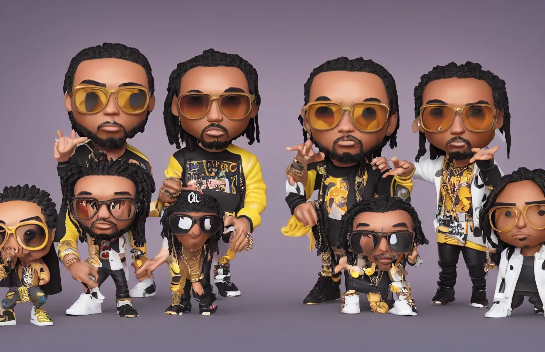 Prompt: three funko pops of rap trio migos members quavo, offset and takeoff, product shot, macro, hyper realistic, octane render, unreal engine, 4 k, 8 k