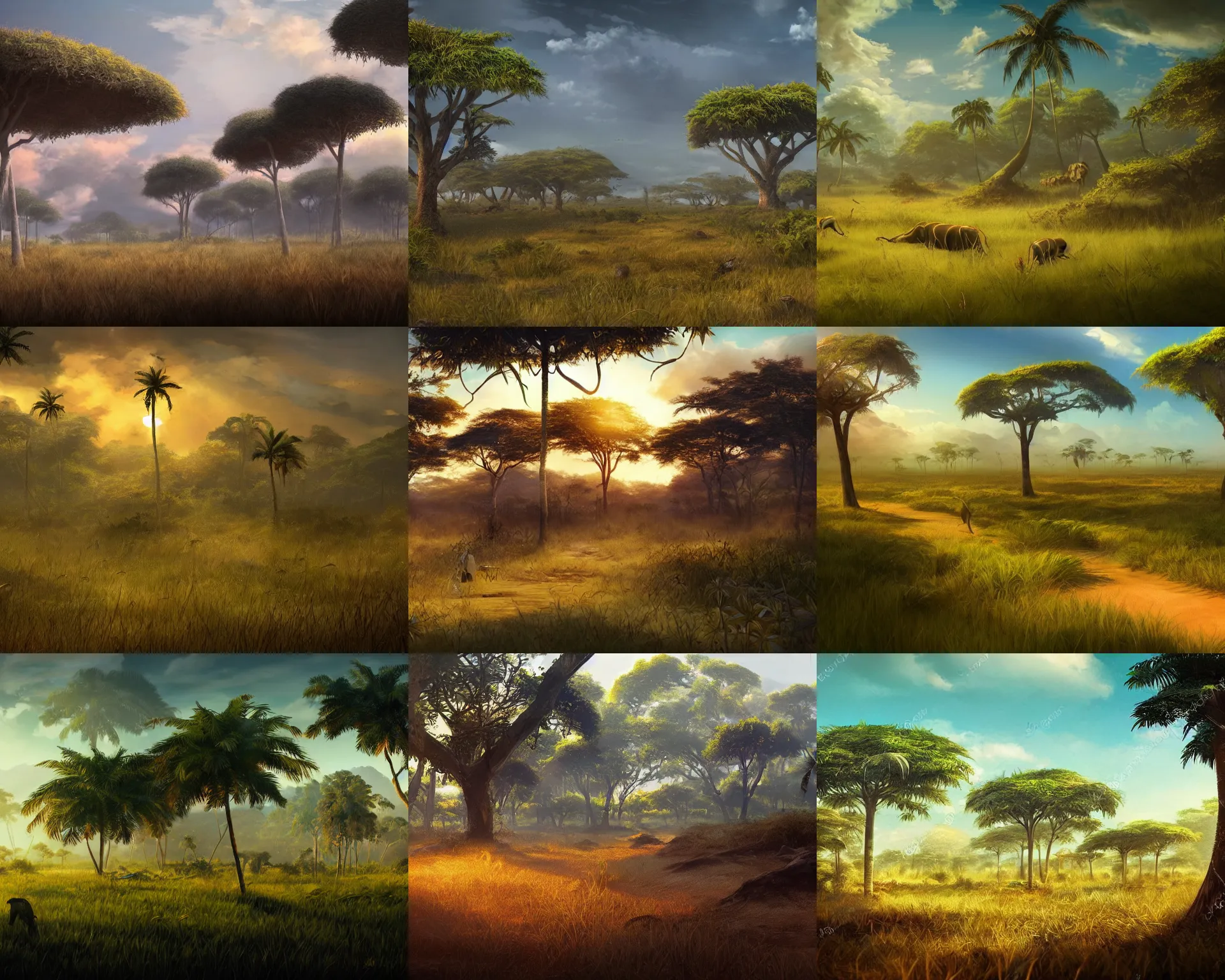 Prompt: beautiful tropical savanna in etalocin, award winning concept art, trending on artstation