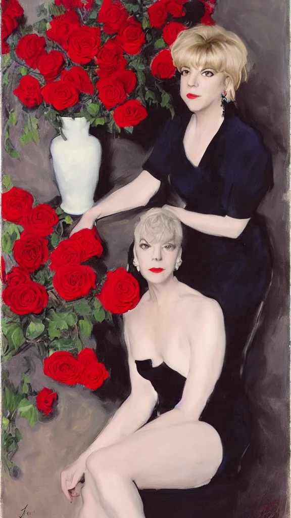 Prompt: portrait of julee cruise in lynch pattern beside a detailed pot of red roses, blue and red lights painted by john singer sargent