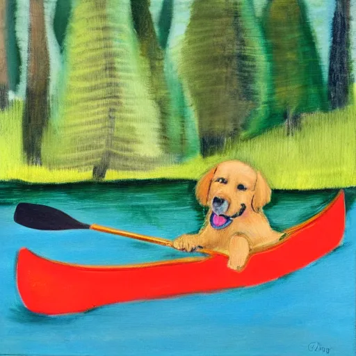 Prompt: golden retriever puppy canoeing, in the style of emily carr, group of seven,