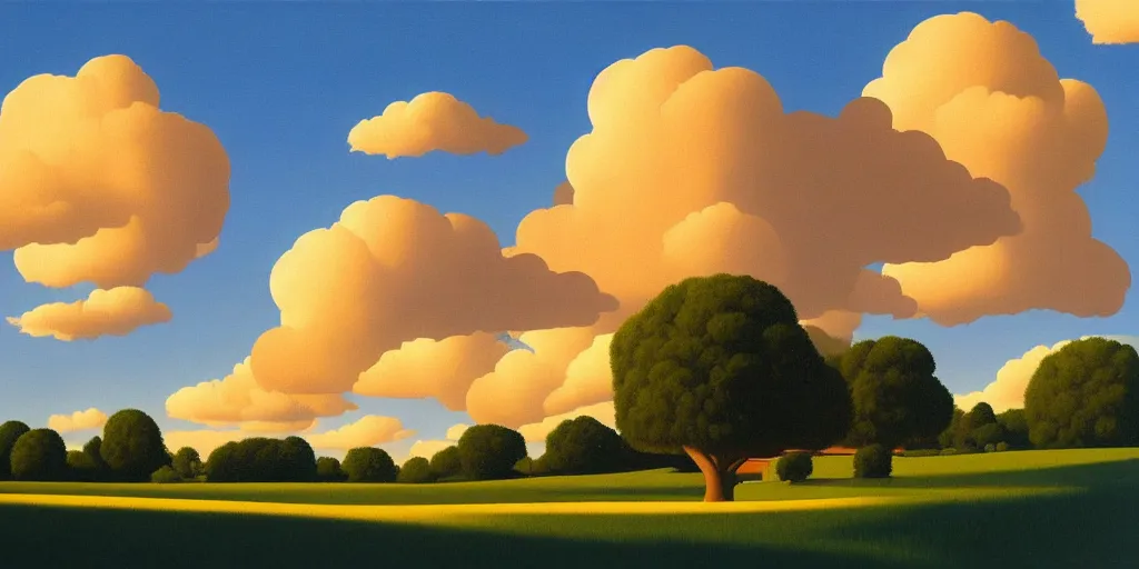 Prompt: clouds, blue sky, summer evening, kenton nelson