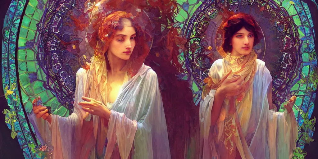 Prompt: a mystical digital illustration of a fortune - teller gypsy woman with 6 arms, a crystal ball in her hand, iridescent scaled skin, refraction and reflections, translucent, shawl, robes, scarf, artstation, painting by alphonse mucha and bouguereau and ruan jia and conrad roset