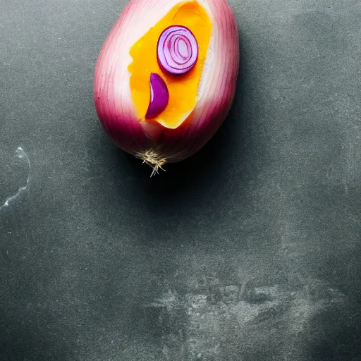 Image similar to a film still of a horror movie featuring a half peeled potato, half peeled carrot, and a red onion, high quality, photography, 8 k, award winning