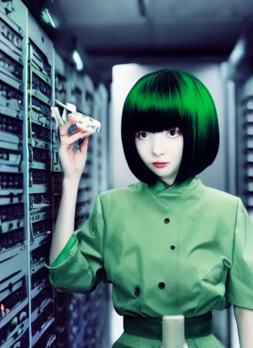 Image similar to shiki eiki, bobbed and bowl cut hair, green hair color, standing in a server room, wearing business casual dress, 4 k, vaporwave, cinecolor, bladerunner style