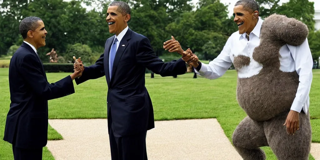 Prompt: An artists impression of a handshake between barrack obama and shrek outside the white house