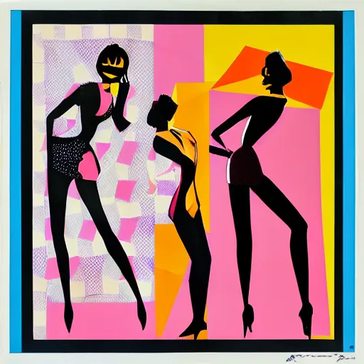 Prompt: stylish 1960s pop art by Evelyne Axell, luscious dancers in silhouette with bold geometric patterns