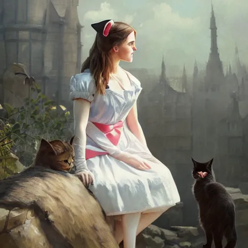 Image similar to detailed painting of emma watson wearing a cat maid outfit, 8 k, by greg rutkowski, artgerm, global illumination