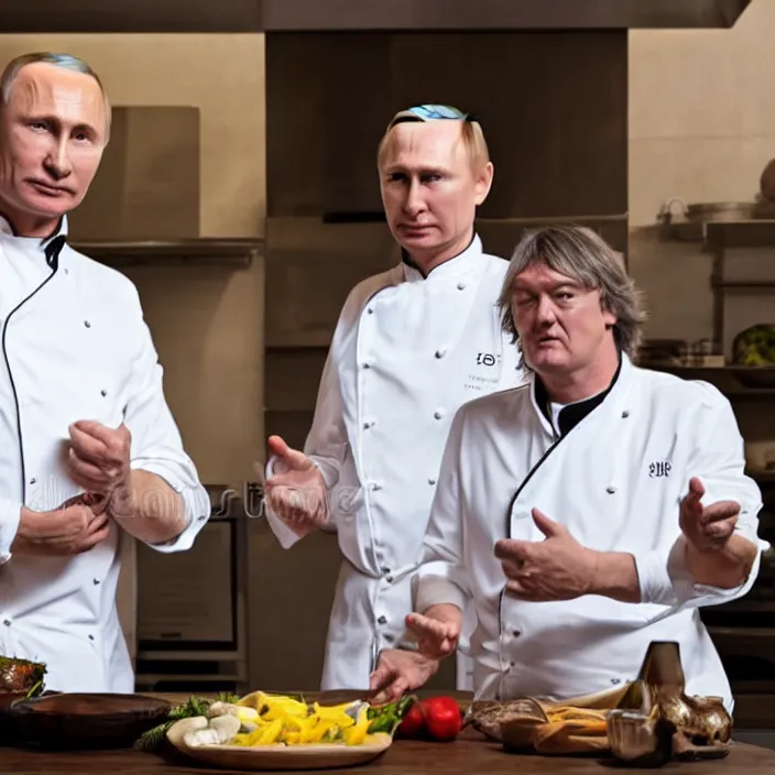 Image similar to vladimir putin and james may in white apron in kitchen cooking dinner. stock photo, high key lighting, photograph