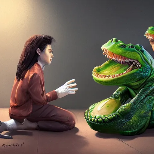 Image similar to a female humanoid carrote in a karate suit having a conversation with a humanoid detective alligator while a half cat half avocado watches painted by stanley lau, greg rutkowski, stanley artgem