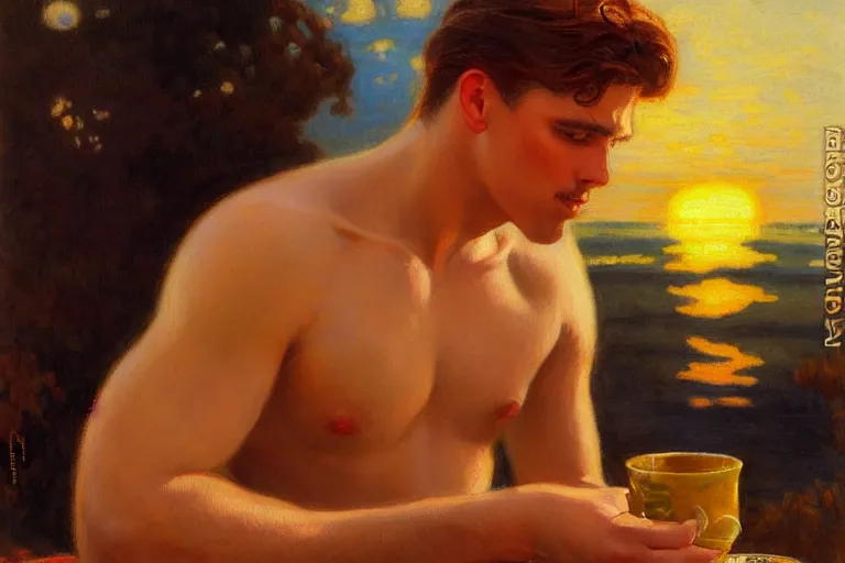 Prompt: attractive man drinking coffee, sunset, painting by gaston bussiere, j. c. leyendecker, tom of finland, trending on artstation