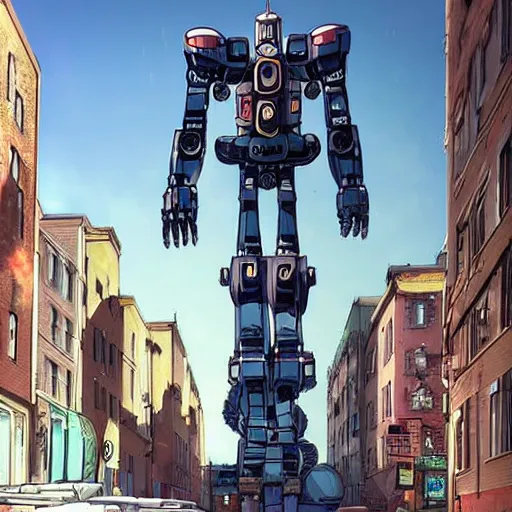 Prompt: A giant robot in Northend the italian neighborhood Boston, MA in anime style a epic and highly detailed by Makoto Shinkai and Raphael Lacoste