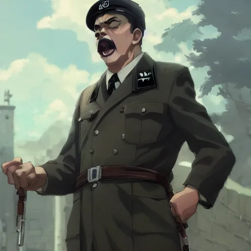 Image similar to a film still portrait of angry hitler, finely detailed features, cinematic lighting, anime key visual, trending on pixiv fanbox, painted by greg rutkowski, wlop, makoto shinkai, studio ghibli