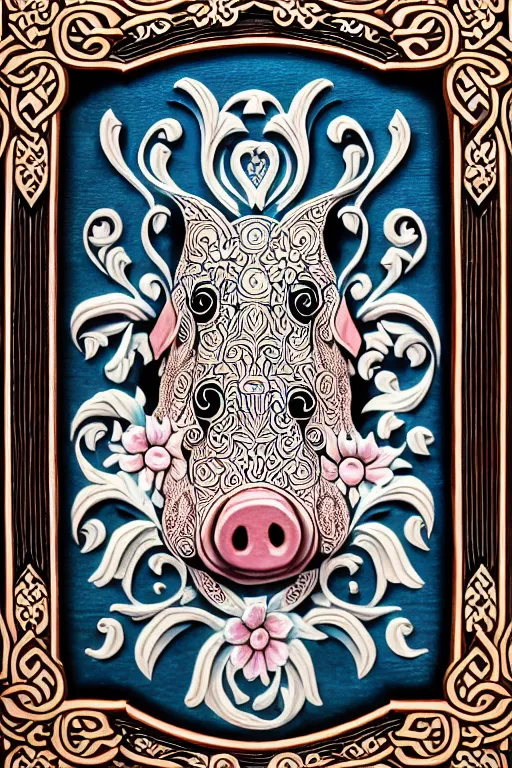 Image similar to Painted dark-wood panel relief carving of a close up of a Flowerpunk Piglet, White and pale blue toned, ornate border frame, explosion of colorful flowers, dark wood, intricately carved, black ink, festival of rich colors, intricate details, cinematic lighting, volumetric lighting, post-processing, art nouveau, tarot, fractal art, mandala, by andreas rocha and john howe, and Martin Johnson Heade, featured on artstation, featured on behance, golden ratio, hyper detailed, photorealistic, epic composition, center spotlight, f32, well composed, symmetrical, UE5, 8k