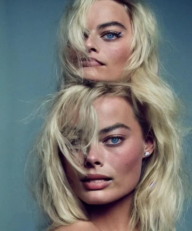 Image similar to a color photograph of margot robbie, by annie leibovitz, platinum blond, intense, bold, exaggerated, ultra sharp, extra details, ultra high quality, trending on pinteresst