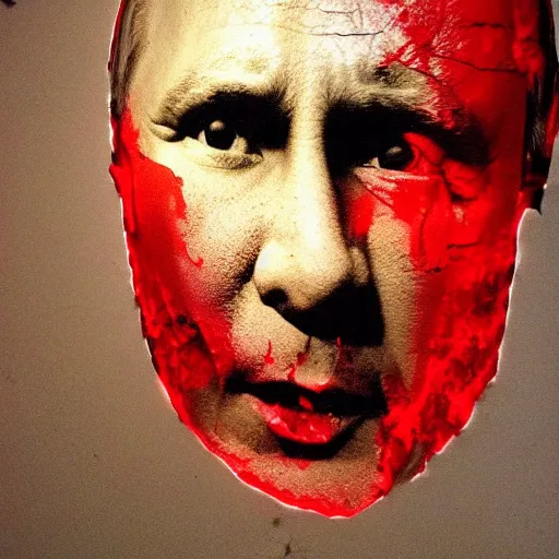 Prompt: carved rock face of putin, stained with blood, photograph lit by flash, as shot by james nachtwey