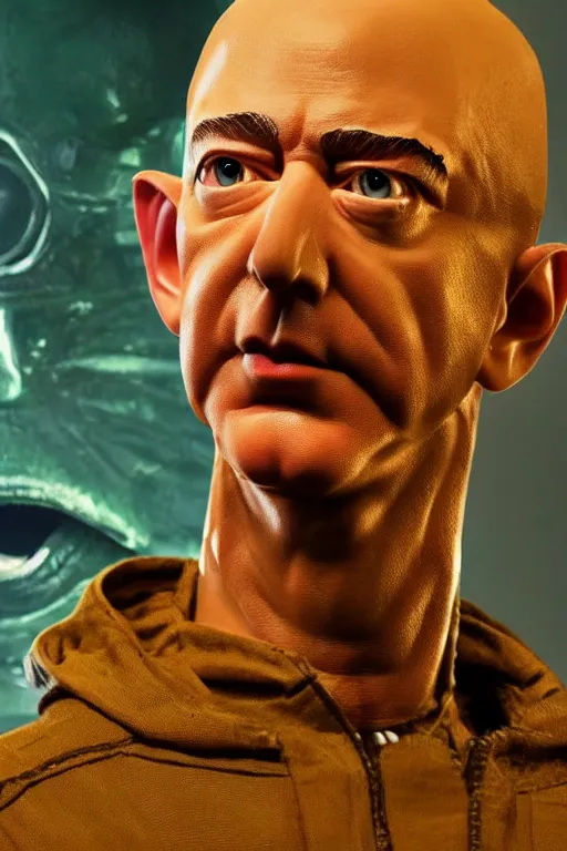 Image similar to jeff bezos as an alien invader, photorealistic, cinematic lighting, highly detailed, very intricate, by guillermo del toro