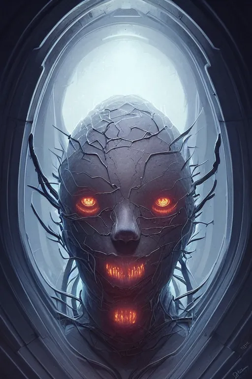 Image similar to professional concept art symmetrical portrait of a ominous floating!! organic terrifying!! species thing in a dark room by artgerm and greg rutkowski. an intricate, elegant, highly detailed digital painting, concept art, smooth, sharp focus, illustration, in the style of cam sykes.