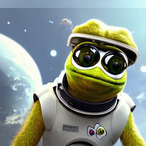 Prompt: a hyperrealistic scifi poster of pepe in a space suit, 8 k, cryengine, realistic, rendered