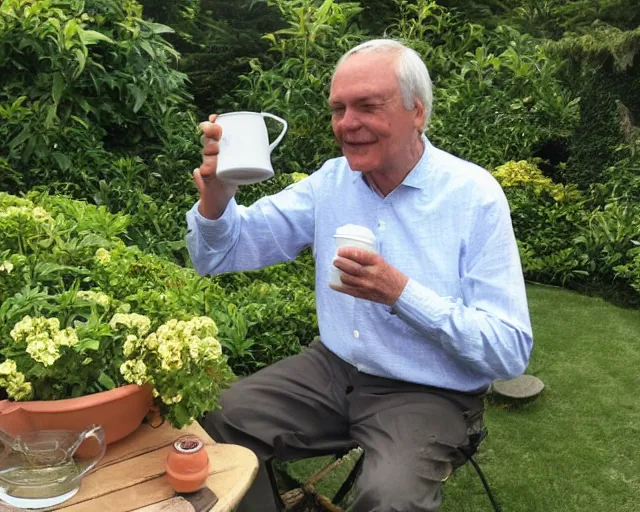 Prompt: mr robert is drinking fresh tea in a garden