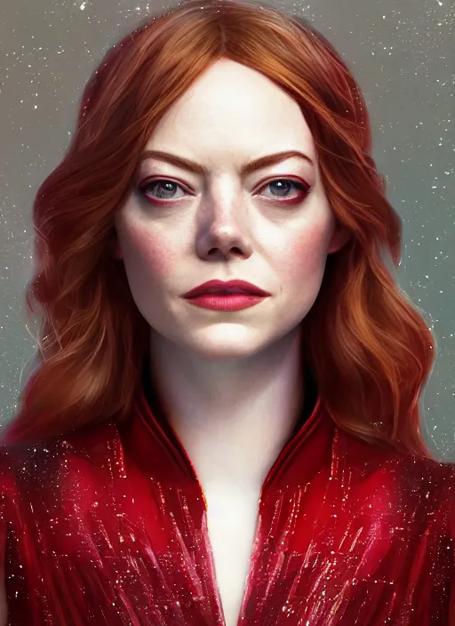 Image similar to portrait of emma stone as the scarlet witch, hyper detailed, digital art, cinematic lighting, studio quality, smooth render, unreal engine 5, octane rendered, art style by klimt and nixeu and ian sprigger and krenz cushart.