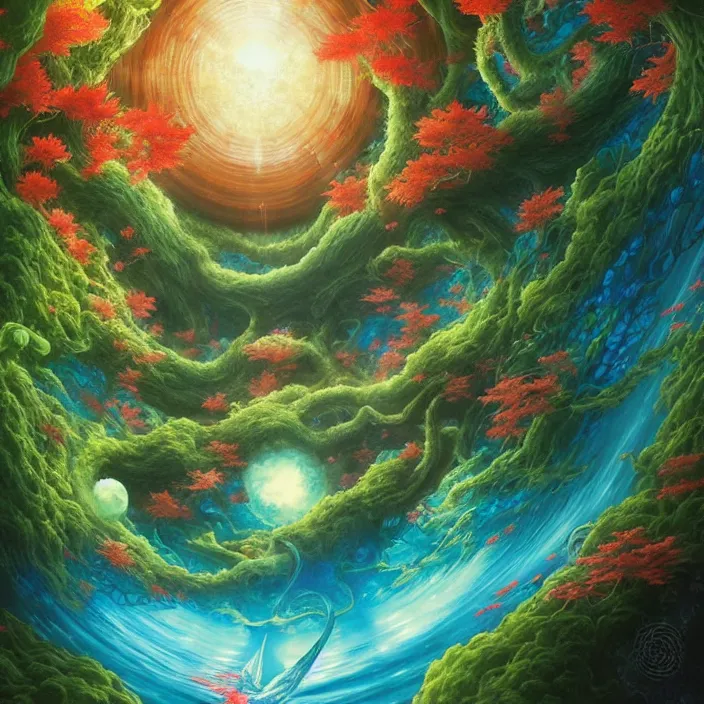 Image similar to Japan Lush Forest, official anime key media, Iwakura Lain, LSD Dream Emulator, paranoiascape ps1, official anime key media, painting by Vladimir Volegov, beksinski and dan mumford, giygas, technological rings, johfra bosschart, Leviathan awakening from Japan in a Radially Symmetric Alien Megastructure turbulent bismuth glitchart, Atmospheric Cinematic Environmental & Architectural Design Concept Art by Tom Bagshaw Jana Schirmer Jared Exposure to Cyannic Energy, Darksouls Concept art by Finnian Macmanus