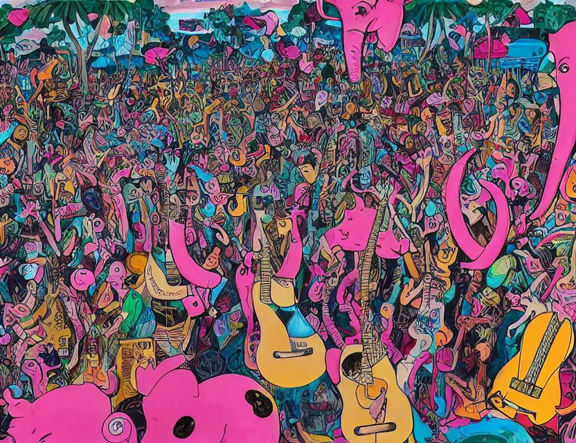 Image similar to a detailed painting of a concert by bananas with guitars while the pink elephants are stage diving in the sky in the style of artist James Jean