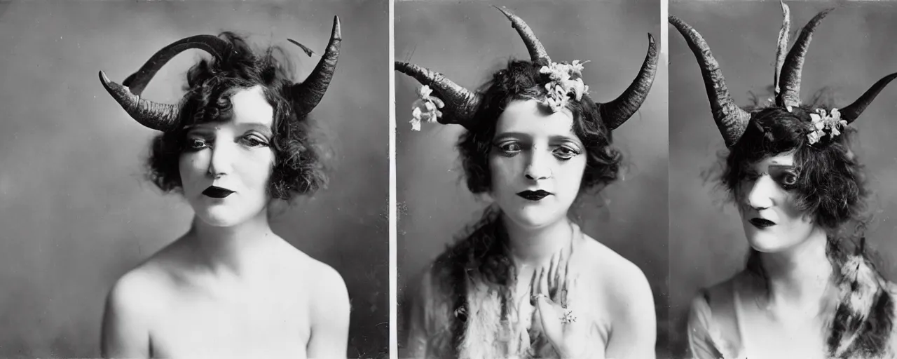 Prompt: 1920s portrait photography of a woman transforming into a monster, edelweiss growing out of his face, goat horns on his head