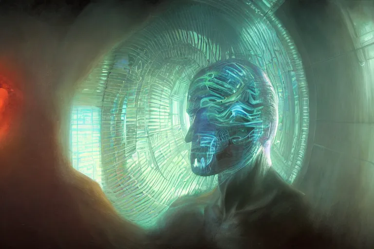 Image similar to cinematic still of tom cruise, timemachine!!, neon, they are watching, RGB, glowing wires everywhere, pristine, by Edgar Maxence and Ross Tran, Zdzisław Beksiński, and Michael Whelan, distant, gustav dore, H.R. Giger, 8k, octane render, closeup