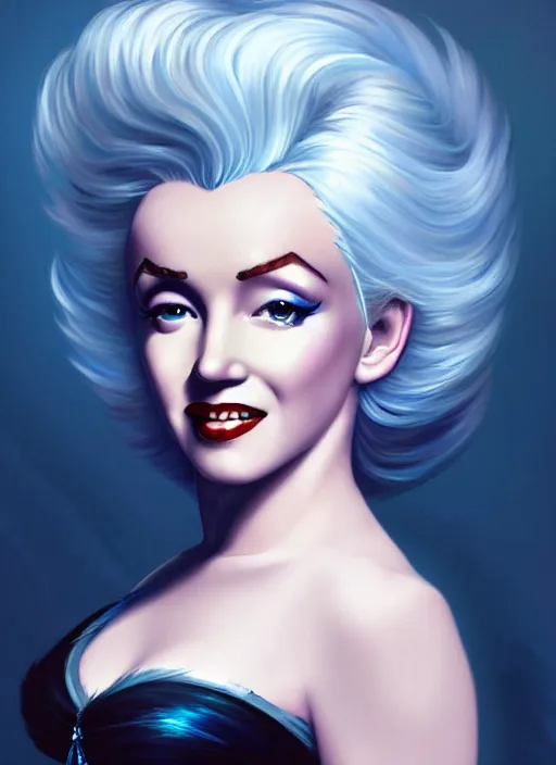 Image similar to Marilyn Monroe with Dark Blue Hair as Elsa from Frozen, western, D&D, fantasy, intricate, elegant, highly detailed, digital painting, artstation, concept art, matte, sharp focus, illustration, art by Artgerm and Greg Rutkowski and Alphonse Mucha, masterpiece, stunning, artstation