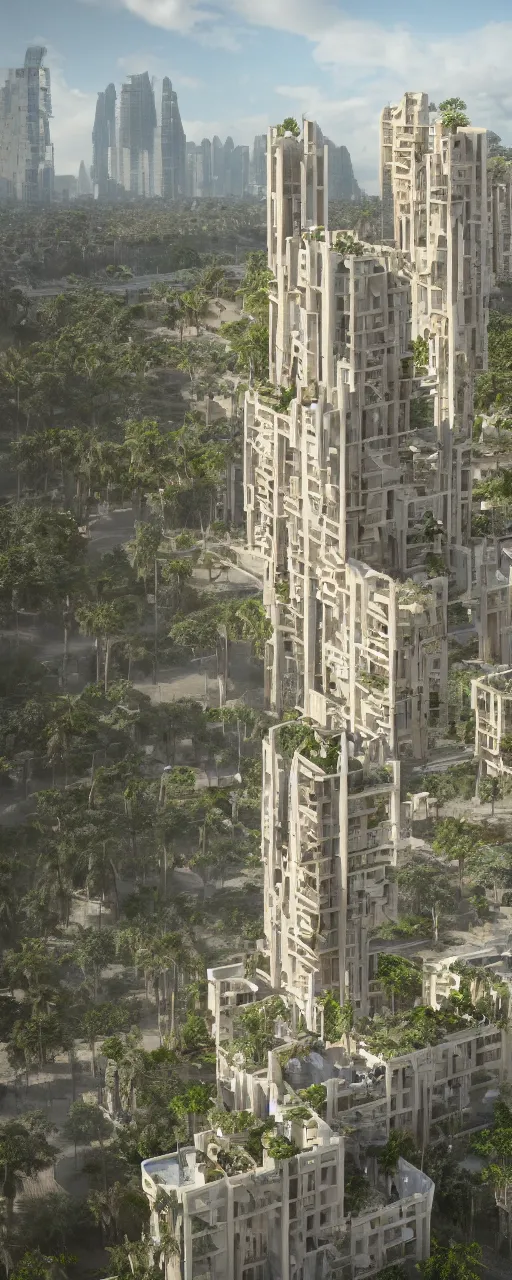 Image similar to single tower, golden gardens of babylon tower, beige stone color palette, sacred ancient architecture, hanging gardens on the balconies, modular cascading highrise, next to mountains and river with lush palm forest, zaha hadid, sunlight, eye - level view, post - production, octane, cgi, sfx