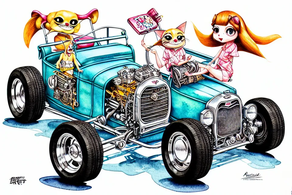 Image similar to cute and funny, margay riding in a tiny 1 9 2 3 ford t - bucket with oversized engine, ratfink style by ed roth, centered award winning watercolor pen illustration, isometric illustration by chihiro iwasaki, edited by range murata, tiny details by artgerm and watercolor girl, symmetrically isometrically centered