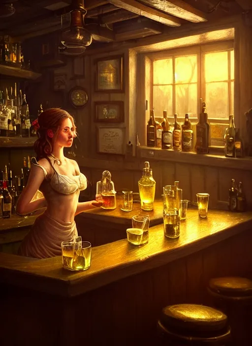 Prompt: a beautiful barmaid, dimly lit cozy tavern, relaxed pose, fantasy, detailed painterly digital art style by Filip Hodas, 🍸🍋, 8k octane beautifully detailed render, post-processing, extremely hyperdetailed, intricate, epic composition, grim yet sparkling atmosphere, cinematic lighting + masterpiece, trending on artstation, very detailed, vibrant colors