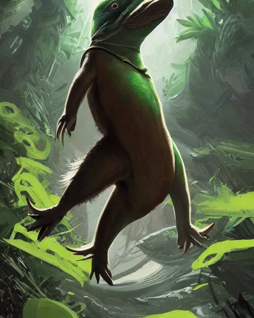 Image similar to Platypus rogue, green, forest background, magic the gathering artwork, D&D, fantasy, cinematic lighting, centered, symmetrical, highly detailed, digital painting, artstation, concept art, smooth, sharp focus, illustration, volumetric lighting, epic Composition, 8k, art by Akihiko Yoshida and Greg Rutkowski and Craig Mullins, oil painting, cgsociety